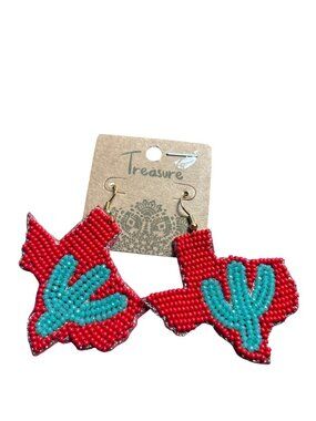 Treasure Texas Seed Bead Dangle Earrings Red Green Cactus 2.25 inches New